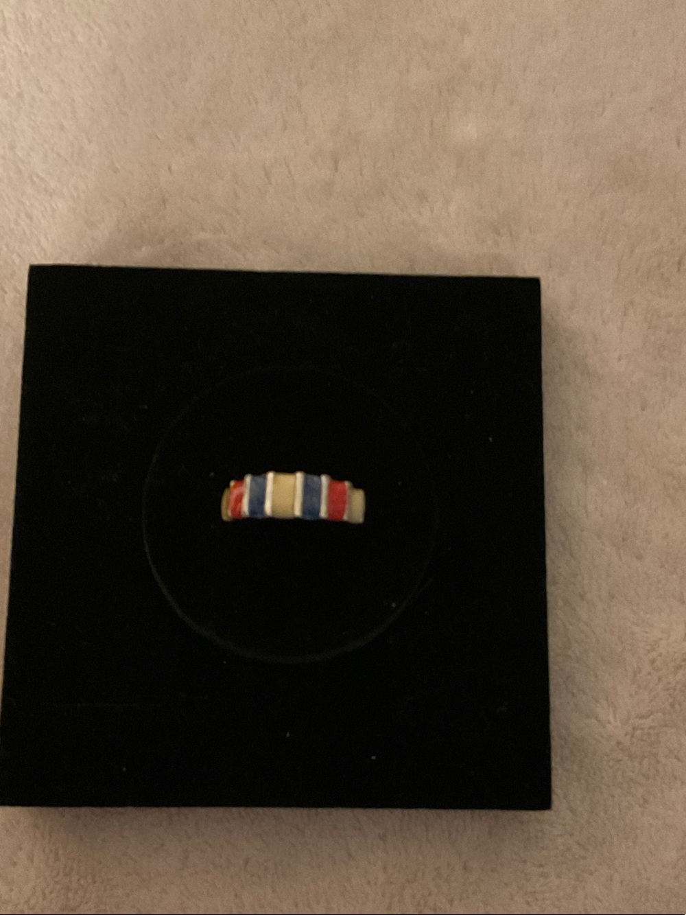 Gold-Tone Band Ring with Red, Blue and Cream Enamel Panels